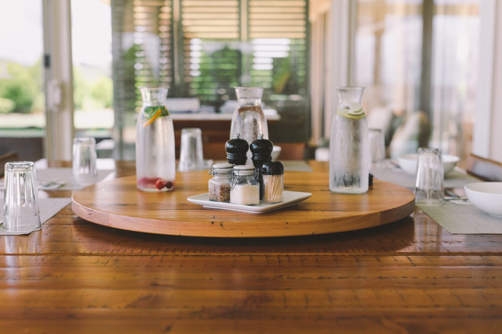 dining room table with cold water on top