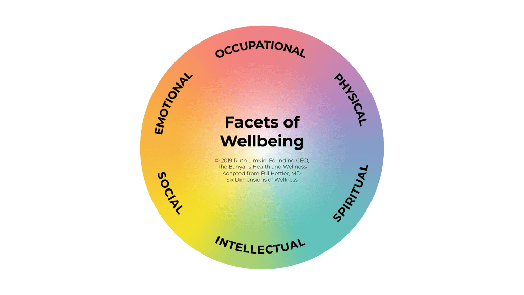 A circle diagram designed by Ruth Limkin, showing the interconnected nature of the six facets of wellbeing.
